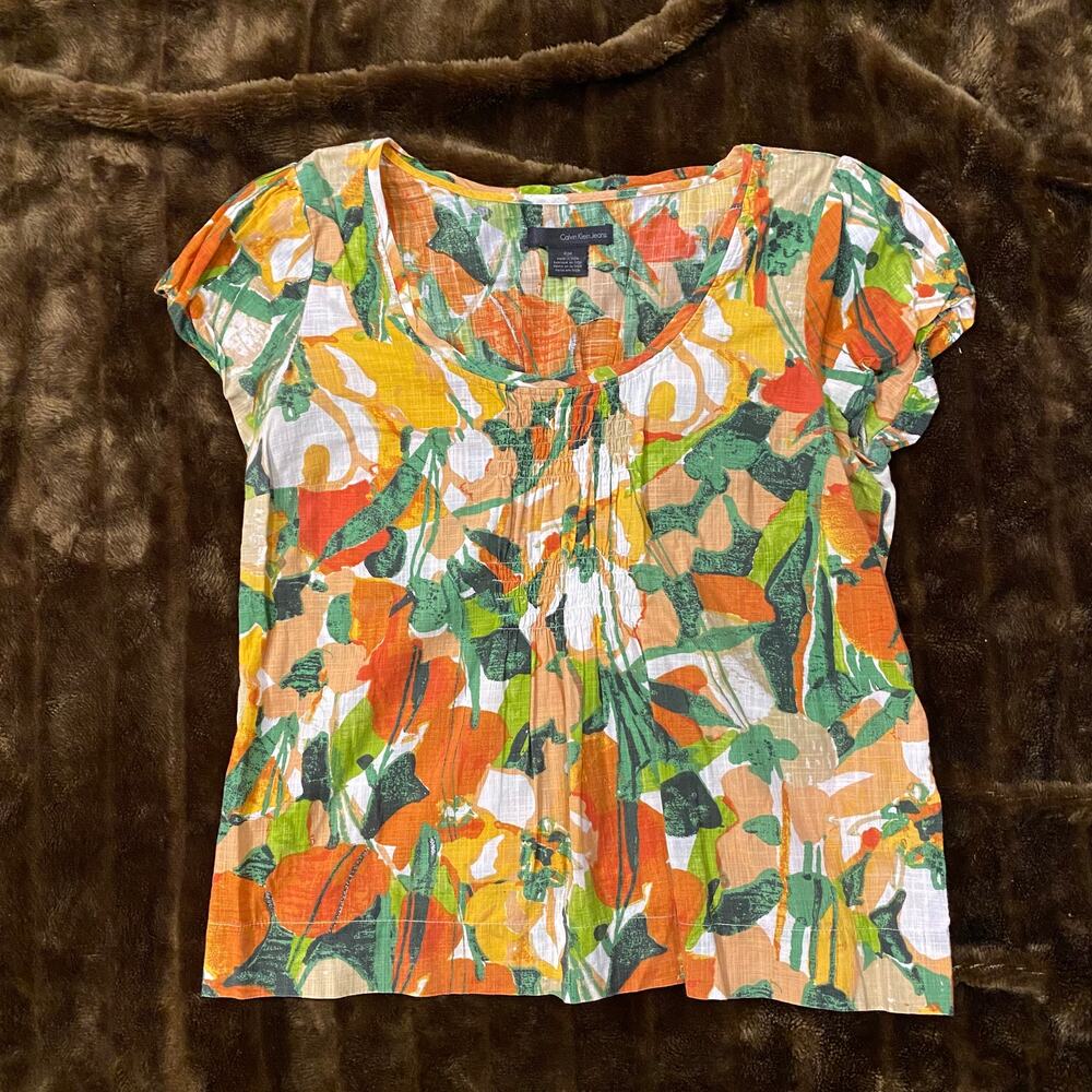 Calvin Klein Jeans PM Scoop Neck Smocked Front Pullover Cotton‎ Blouse